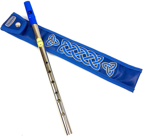 Blue Tin Whistle in key of D by Feadog with Handmade Irish Whistle Case/Sleeve by Dannan in Blue Vegan Leather with Celtic Embroidery