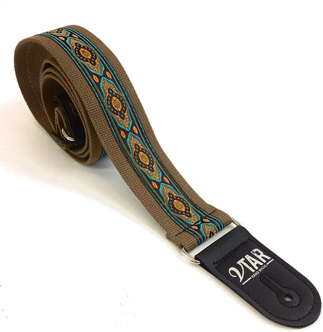 Handmade Bohemian Folk Floral 60's 70's Inspired Guitar Strap by VTAR, Made with Vegan Leather. For Acoustic, Bass and Electric (Brown Hemp Folk)