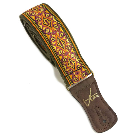 Handmade 60s 70s Magic Carpet Hendrix Guitar Strap by VTAR, Made with Vegan Leather. For Acoustic, Bass and Electric