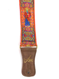 Handmade Red Irish Celtic Book Of Kells Hemp Guitar Strap by VTAR, with Brass Details and Brown Vegan Leather. For Acoustic, Bass and Electric