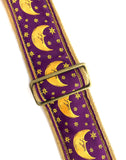Handmade Midnight Purple Moon and Star Zodiac Retro Guitar Strap by VTAR Made with Vegan Leather For Acoustic, Bass and Electric