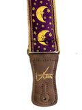 Handmade Midnight Purple Moon and Star Zodiac Retro Guitar Strap by VTAR Made with Vegan Leather For Acoustic, Bass and Electric