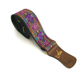 Handmade Colorful Psychedelic Hemp Guitar - Bass Strap with Antique Brass Details and Brown Vegan Leather by VTAR 60s 70s Style
