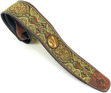 Handmade 60's 70's Jacquard Renaissance Guitar Strap by VTAR, Made with Vegan Leather. Green Renaissance