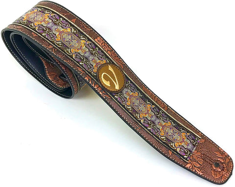 Handmade 60's 70's Jacquard Renaissance Guitar Strap by VTAR, Made with Vegan Leather. Purple Renaissance