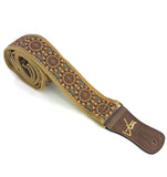 Handmade Floral Psychedelic Hemp Guitar Strap with Brass Details and Brown Vegan Leather by VTAR - Natural