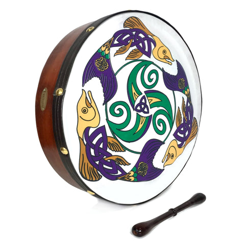 Handmade Dannan 16" Vegan Bodhran Hand Drum - The Salmon of Knowledge Bodhrán