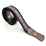 Handmade Colorful Psychedelic Hemp Guitar - Bass Strap with Antique Brass Details and Brown Vegan Leather by VTAR 60s 70s Style