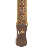 Handmade Floral Psychedelic Hemp Guitar Strap with Brass Details and Brown Vegan Leather by VTAR - Natural