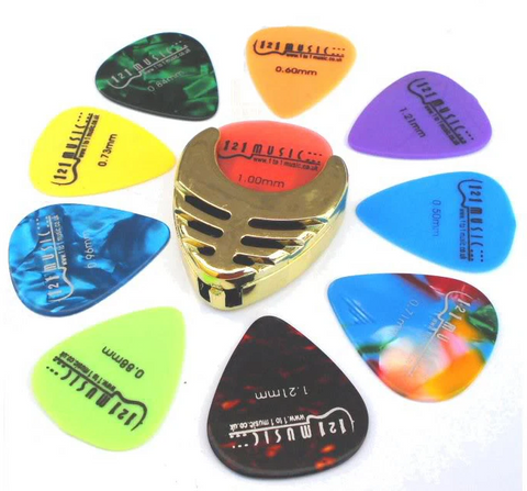 Gold Plectrum Pick Holder and 10 Guitar Plectrums - for Electric and Acoustic