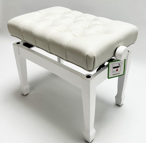 CADENZA - Concert Style Piano Stool Real Leather (Adjustable with White Deep Button Top) - Polished White