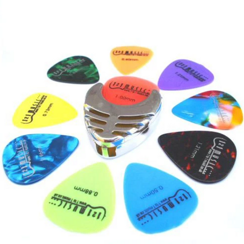 Silver Plectrum Pick Holder and 10 Guitar Plectrums - for Electric and Acoustic
