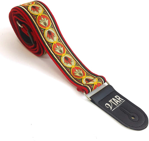 Handmade Bohemian Folk Floral 60's 70's Inspired Guitar Strap by VTAR, Made with Vegan Leather. For Acoustic, Bass and Electric (Red Hemp Folk)