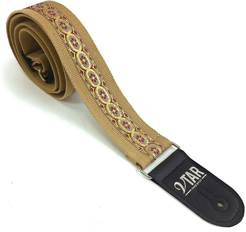 Handmade Bohemian Folk Floral 60's 70's Inspired Guitar Strap by VTAR, Made with Vegan Leather. For Acoustic, Bass and Electric (Beige Hemp Folk)