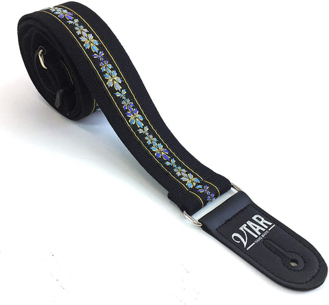 Handmade Bohemian Folk Floral 60's 70's Inspired Guitar Strap by VTAR, Made with Vegan Leather. For Acoustic, Bass and Electric (Black Hemp Folk)