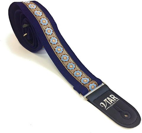 Handmade Bohemian Folk Floral 60's 70's Inspired Guitar Strap by VTAR, Made with Vegan Leather. For Acoustic, Bass and Electric (Blue Hemp Folk)