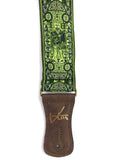 Handmade Green Irish Celtic Book Of Kells Hemp Guitar Strap by VTAR, with Brass Details and Brown Vegan Leather. For Acoustic, Bass and Electric