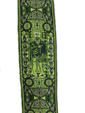 Handmade Green Irish Celtic Book Of Kells Hemp Guitar Strap by VTAR, with Brass Details and Brown Vegan Leather. For Acoustic, Bass and Electric