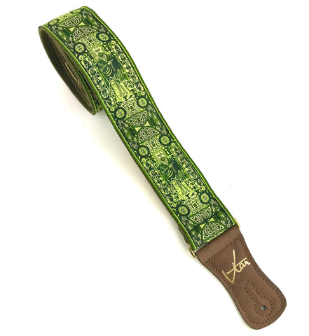 Handmade Green Irish Celtic Book Of Kells Hemp Guitar Strap by VTAR, with Brass Details and Brown Vegan Leather. For Acoustic, Bass and Electric