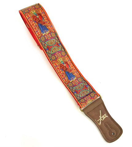 Handmade Red Irish Celtic Book Of Kells Hemp Guitar Strap by VTAR, with Brass Details and Brown Vegan Leather. For Acoustic, Bass and Electric