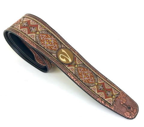 Handmade  60's 70's Jacquard Renaissance Guitar Strap by VTAR, Made with Vegan Leather. Lilac & Gold