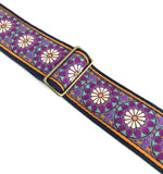 Handmade Floral Psychedelic Hemp Guitar Strap with Brass Details and Brown Vegan Leather by VTAR