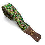 Green Mod 60’s 70’s Retro Guitar Strap by Vtar, Made with Vegan Leather. For Acoustic, Bass and Electric