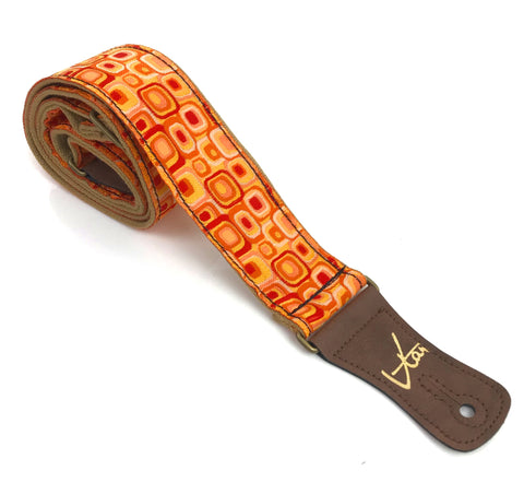 Orange Mod 60’s 70’s Retro Guitar Strap by Vtar, Made with Vegan Leather. For Acoustic, Bass and Electric