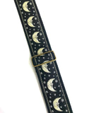 Handmade Midnight Black Moon and Star Zodiac Retro Guitar Strap by VTAR Made with Vegan Leather For Acoustic, Bass and Electric