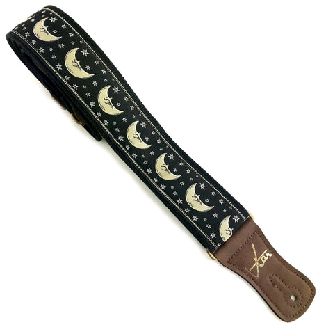 Handmade Midnight Black Moon and Star Zodiac Retro Guitar Strap by VTAR Made with Vegan Leather For Acoustic, Bass and Electric