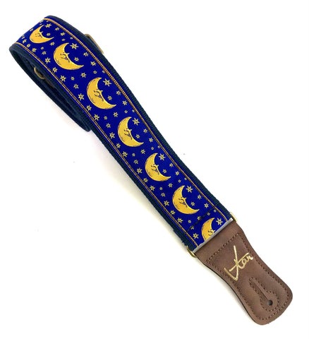 Handmade Midnight Blue Moon and Star Zodiac Retro Guitar Strap by VTAR Made with Vegan Leather For Acoustic, Bass and Electric