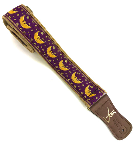 Handmade Midnight Purple Moon and Star Zodiac Retro Guitar Strap by VTAR Made with Vegan Leather For Acoustic, Bass and Electric