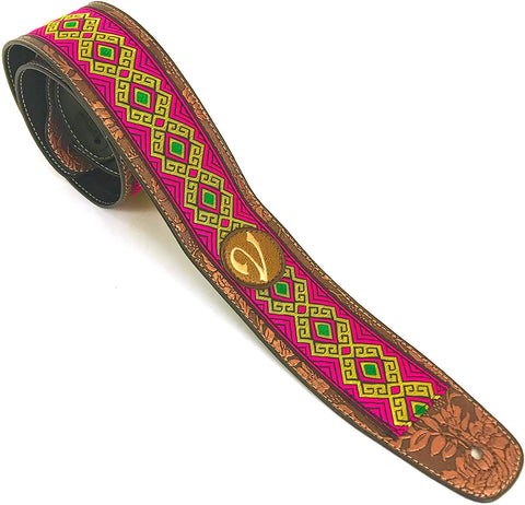 Handmade Retro Psychedelic 60's 70's Jacquard Aztec Guitar Strap by VTAR, Made with Vegan Leather. For Acoustic, Bass and Electric (Pink Aztec)