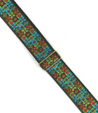 Handmade Colorful Psychedelic Hemp Guitar - Bass Strap with Antique Brass Details and Brown Vegan Leather by VTAR 60s 70s Style