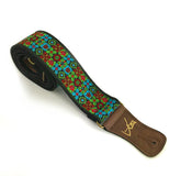 Handmade Colorful Psychedelic Hemp Guitar - Bass Strap with Antique Brass Details and Brown Vegan Leather by VTAR 60s 70s Style