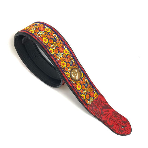 Handmade Padded Flower Power Vegan Vtar Psychedelic Guitar Acoustic Strap - Red Floral