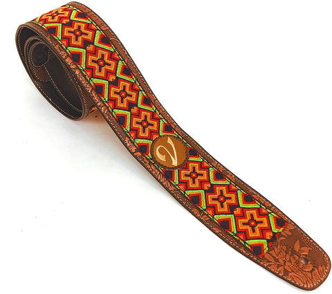 Handmade Retro Psychedelic 60's 70's Jacquard Aztec Guitar Strap by VTAR, Made with Vegan Leather. For Acoustic, Bass and Electric (Colourful Reggae Aztec)