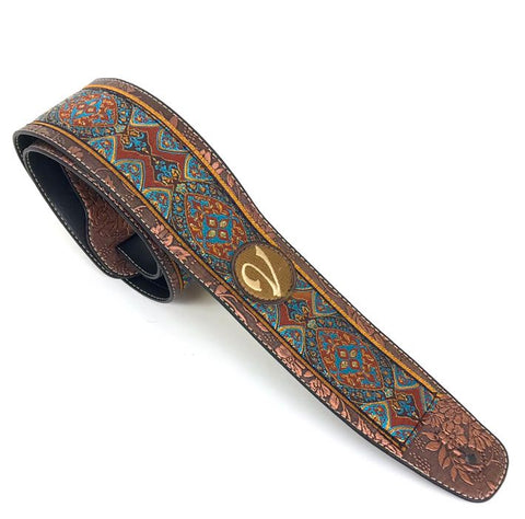 Handmade 60's 70's Jacquard Renaissance Guitar Strap by VTAR, Made with Vegan Leather. Teal and Gold
