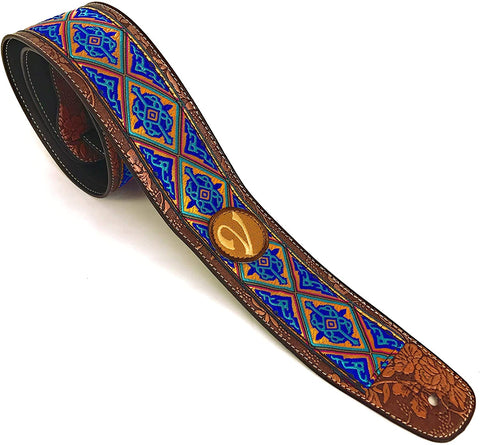 Handmade Retro Psychedelic 60's 70's Jacquard Aztec Guitar Strap by VTAR, Made with Vegan Leather. For Acoustic, Bass and Electric (Blue and Gold Aztec))