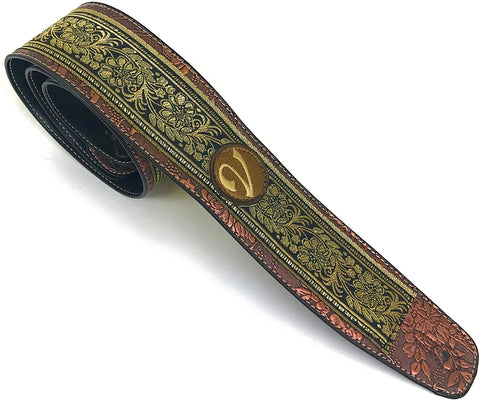 Handmade 60's 70's Jacquard Renaissance Guitar Strap by VTAR, Made with Vegan Leather. Gold & Black Floral