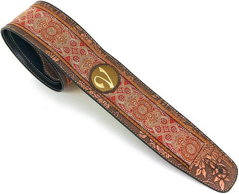 Handmade 60's 70's Jacquard Renaissance Guitar Strap by VTAR, Made with Vegan Leather. Red Jacquard
