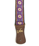 Handmade Floral Psychedelic Hemp Guitar Strap with Brass Details and Brown Vegan Leather by VTAR